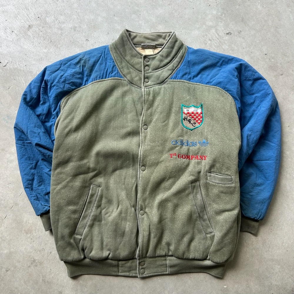 Vintage Adidas Hunter Dun Rifle Club Bomber Jacket Green Blue Trefoil Logo
